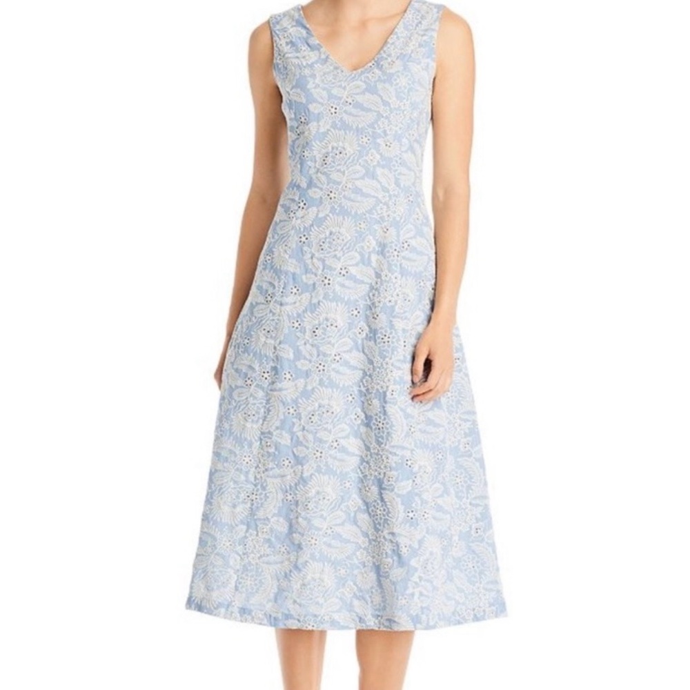 NWT Tahari Light Blue and White Floral Eyelet 100% Cotton Dress
